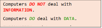 Computers DO NOT deal with INFORMATION.
Computers DO deal with DATA.
INFORMATION - data + meaning. 
